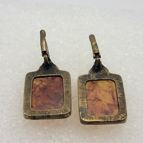 Vintage Brass Crystal  Amber Rectangle Drop Earrings 1.25 in Leverback Pierced - Picture 4 of 8